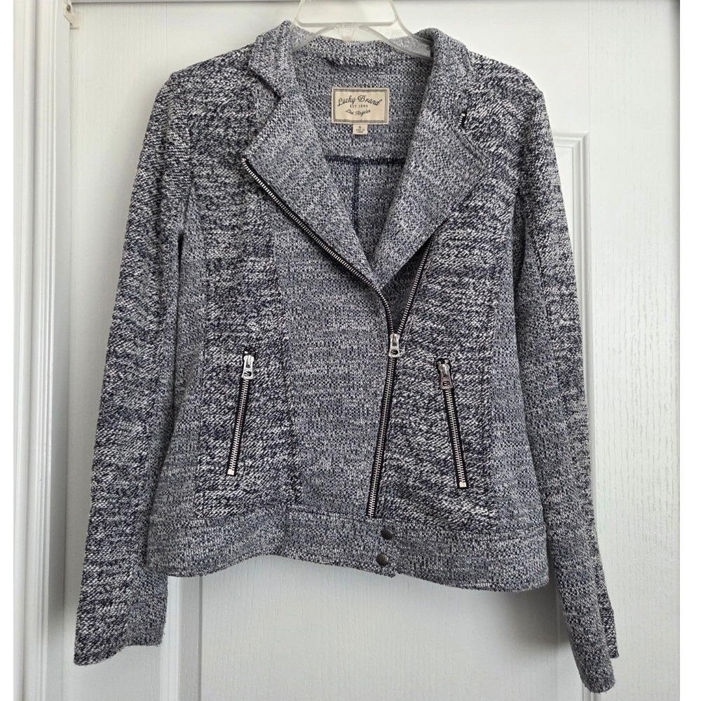 Lucky Brand Tweed Moto Jacket Knit Sweater‎ Full Zip Pockets Blue White Sz Small